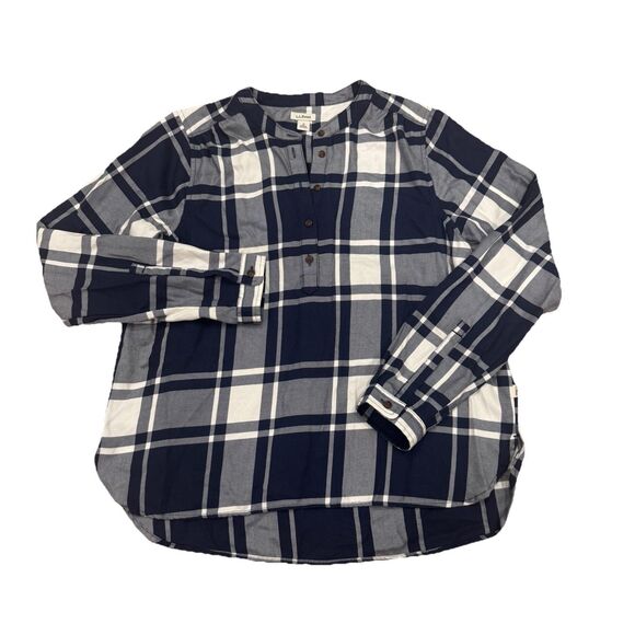 LL Bean Navy Plaid Quarter Button Pullover Blouse Lightweight Flannel Shirt Sz S - Picture 1 of 5